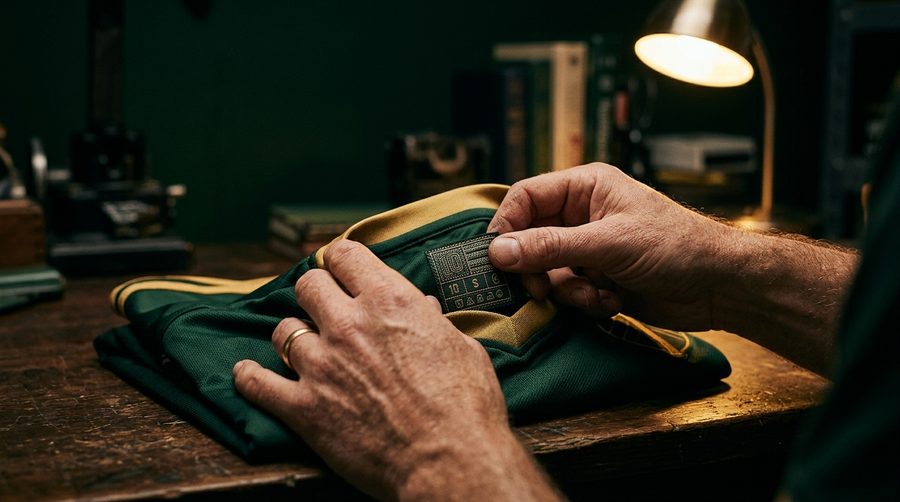 Sepasang tangan memeriksa label leher jersey terlipat di bawah cahaya lampu meja yang hangat