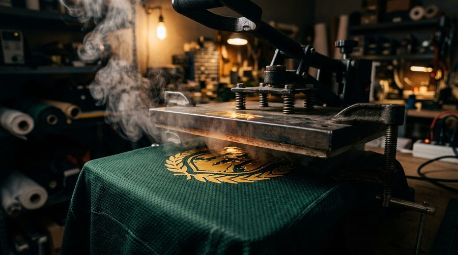 Mesin press panas sedang menempelkan cetakan pada kain jersey di workshop malam hari