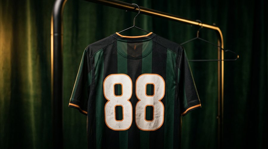 Tampak belakang jersey bola bergantung di rel dengan nomor punggung besar di bawah sorotan cahaya emas
